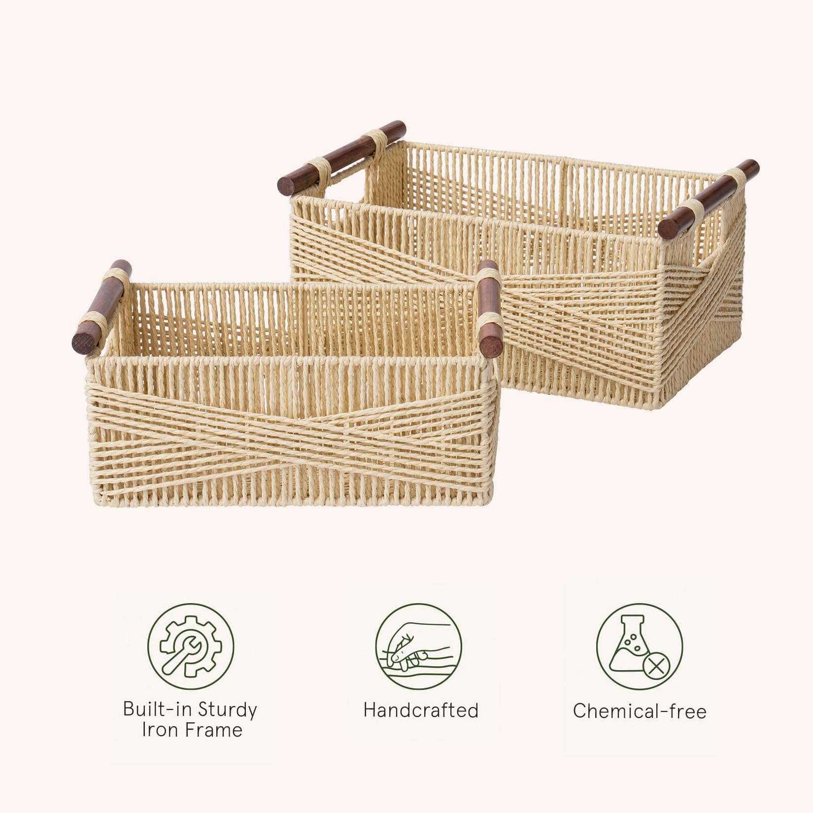 La Jolie Maison Beige Wicker Storage Baskets for Organizing, Recyclable Paper Rope Rectangular Baskets with Wood Handles, Decorative Hand Woven Basket Bins for Shelves, Set of 2