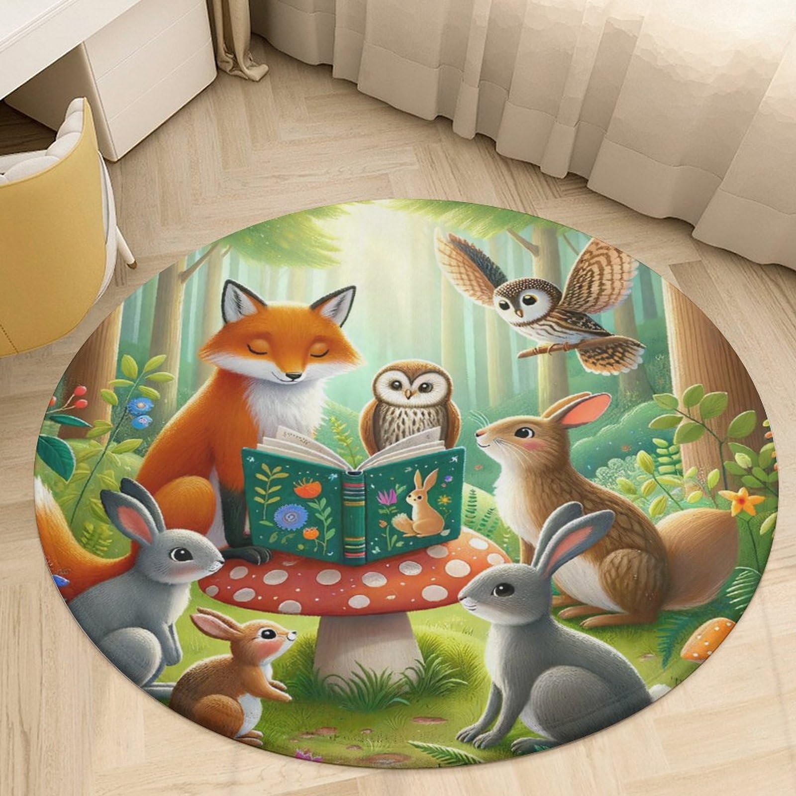 NAWFIVE Animals Reading Books Forest 3Ft Round Rug Non-Slip Cute Cartoon Soft Kids Floor Playing Mat for Bedroom Living Room,Round Carpet for Nursery Dorm