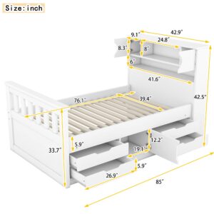 Merax Twin Size Bed Frames with Bookcase Headboard,Kids Wooden Platform Bed with 4 Drawers,White Captain Platform Bed with Storage Underneath