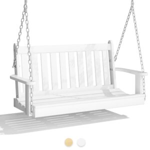 SUNLEI Patio Porch Swing, 2-Seated Bench Swing with Hanging Chains and Cozy Armrests, 45in Wooden Hanging Swing Chair for Outdoor Garden Courtyard, White