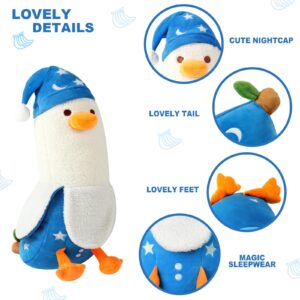 PEACH CAT Cute Long Banana Duck Plush Pillow Toy Cute Duck Plushie with Nightcap Duck Stuffed Animal for Kids White and Blue 19.7"