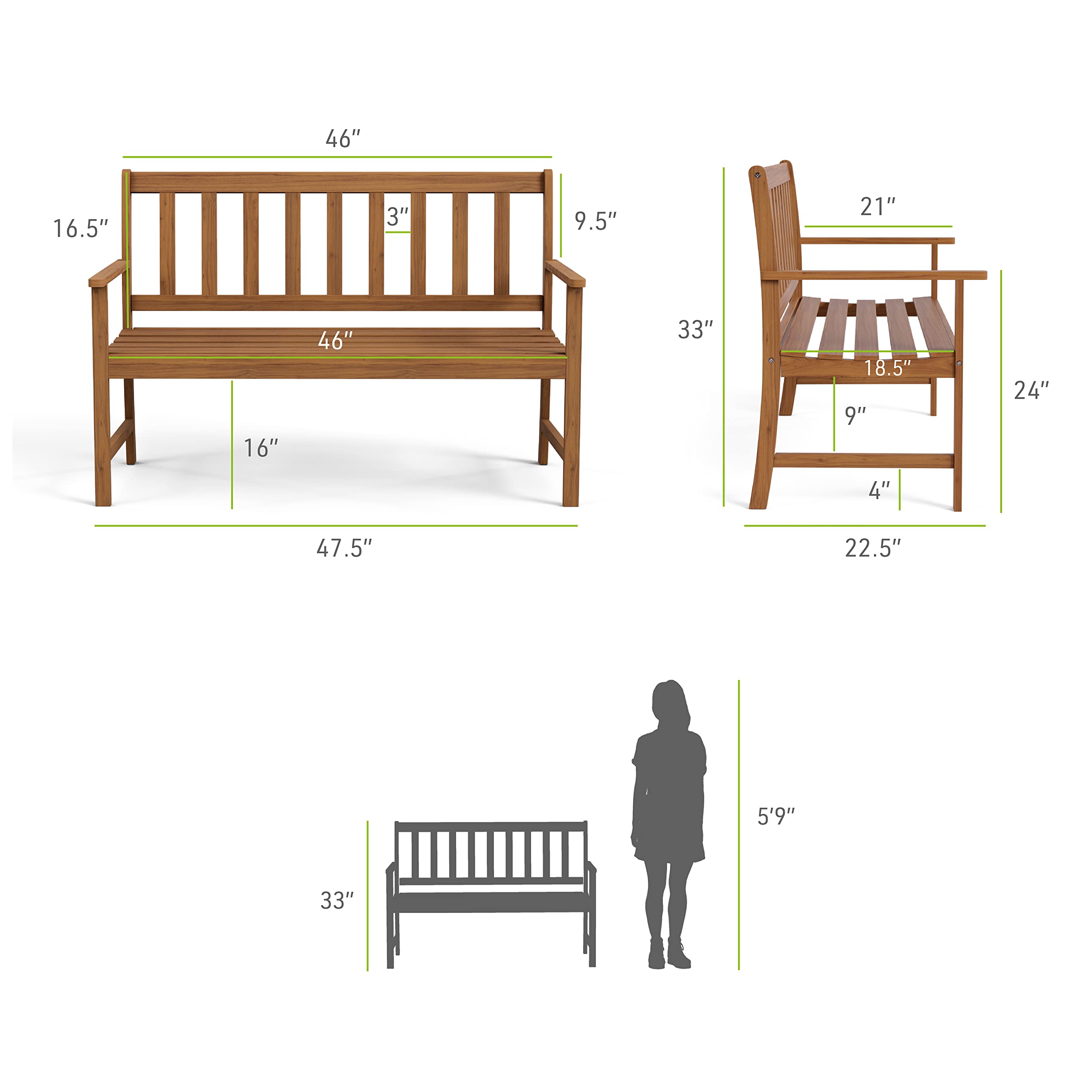 Greemotion Borkum 4-Feet Eucalyptus Solid Wood Outdoor Bench, Garden Chair for Patio Backyard Porch, Natural