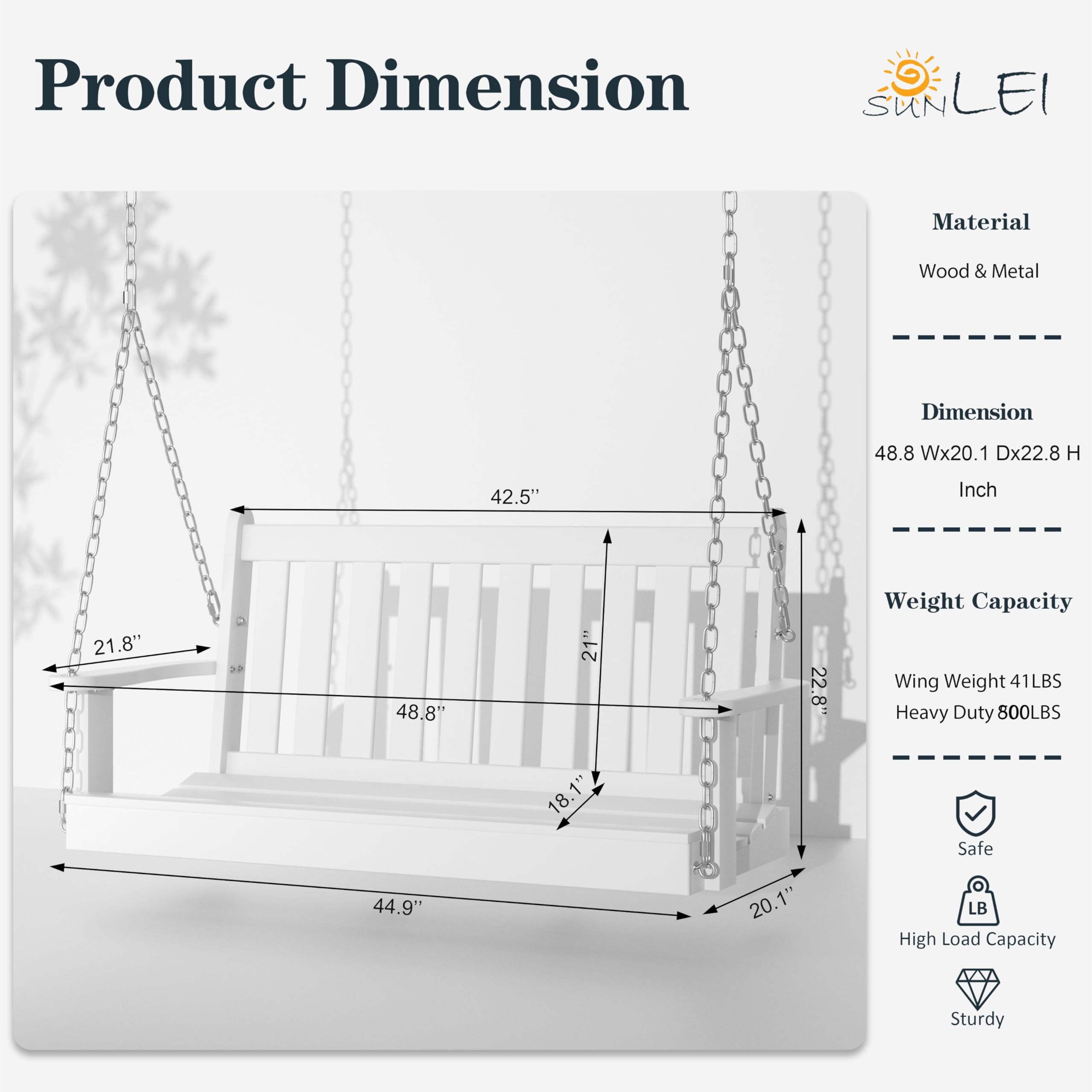 SUNLEI Patio Porch Swing, 2-Seated Bench Swing with Hanging Chains and Cozy Armrests, 45in Wooden Hanging Swing Chair for Outdoor Garden Courtyard, White