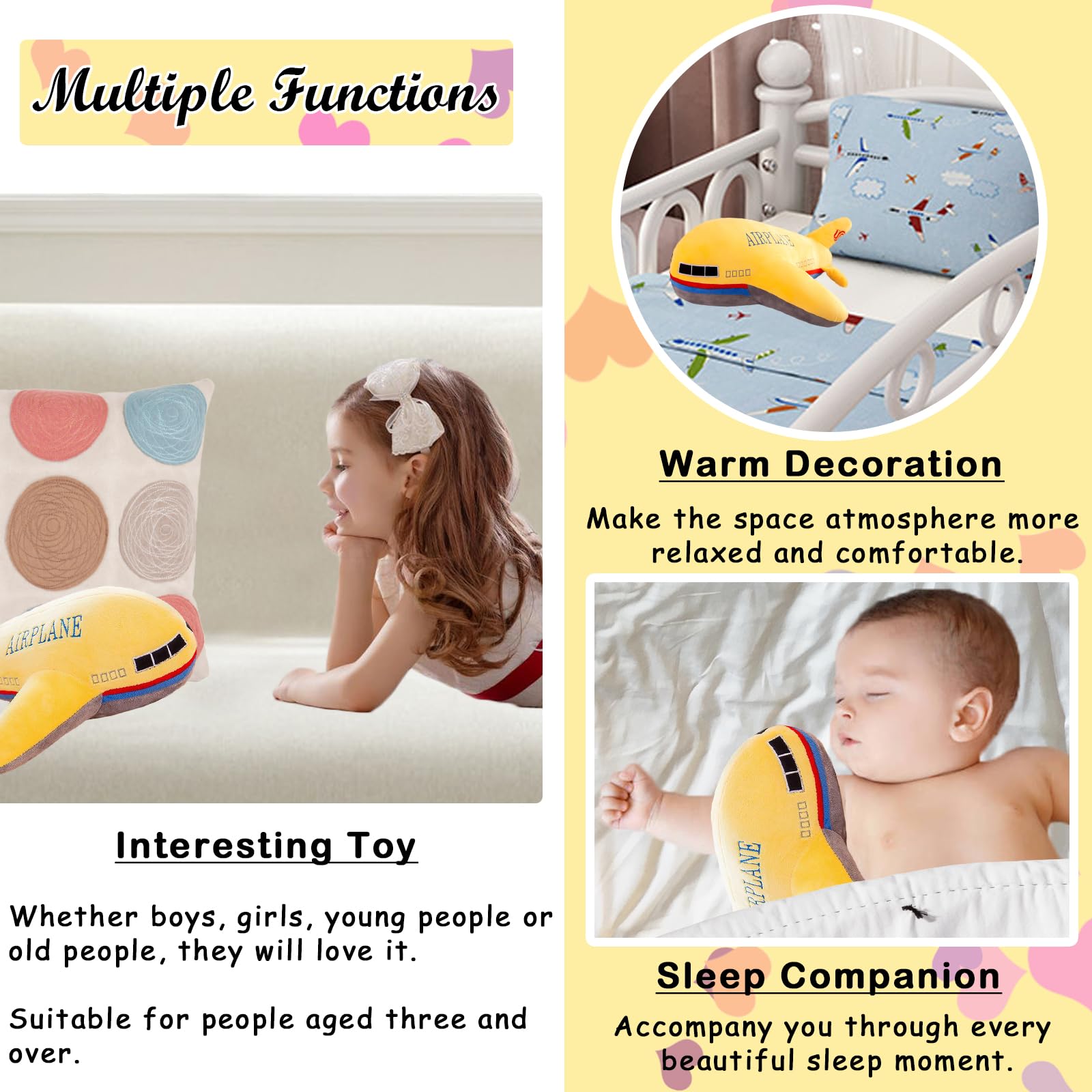 zhidiloveyou 15.7" Airplane Plush Yellow Stuffed Plane Toy Aircraft Hug Pillow Gifts for Kids