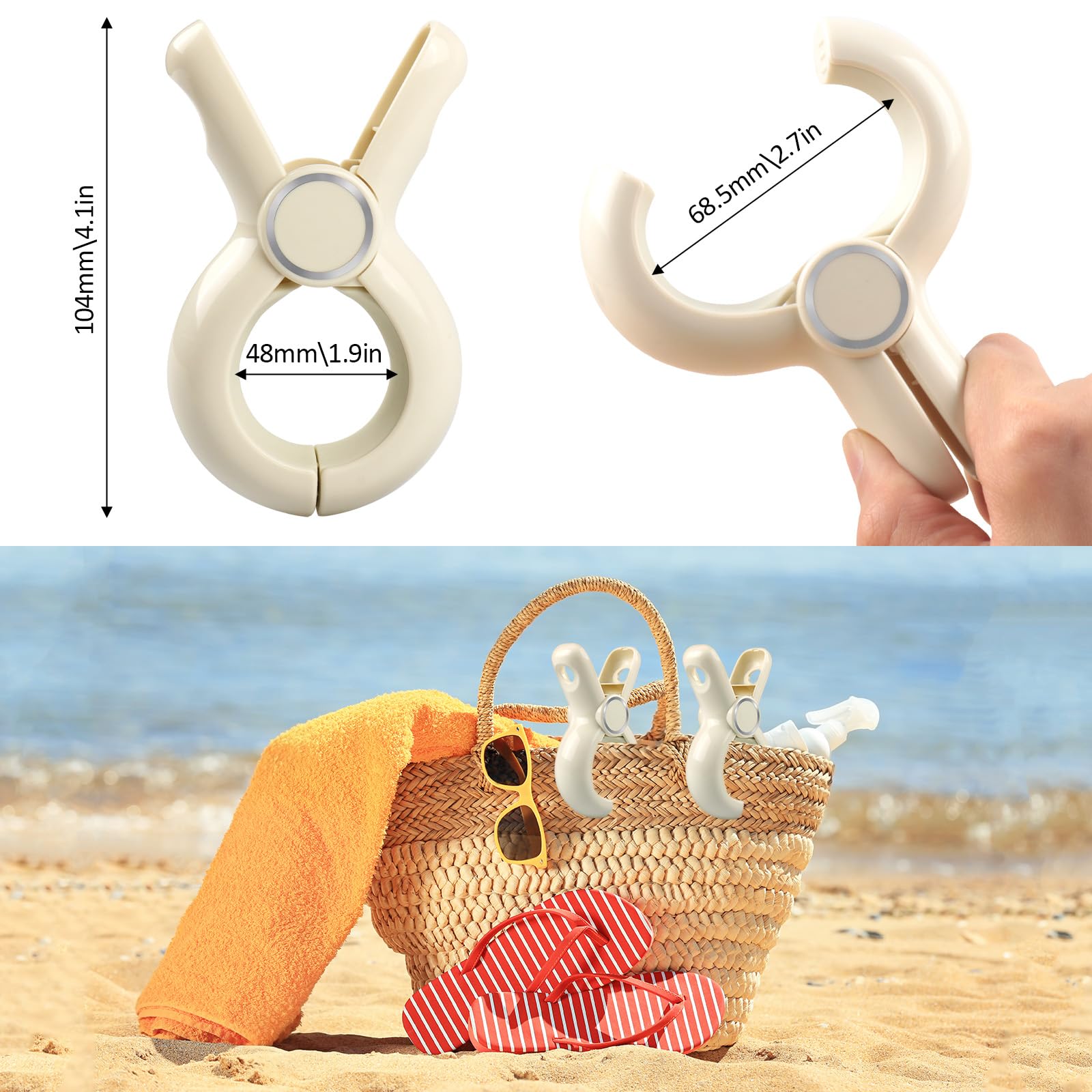 Beach Towel Clips for Beach Chairs, Towel Holder for Beach Chair Pool Chair on Cruise, Jumbo Size Heavy Duty Clothes Pins, Beach Chair Clips to Keep Your Towel from Blowing Away, White, 4 Pcs