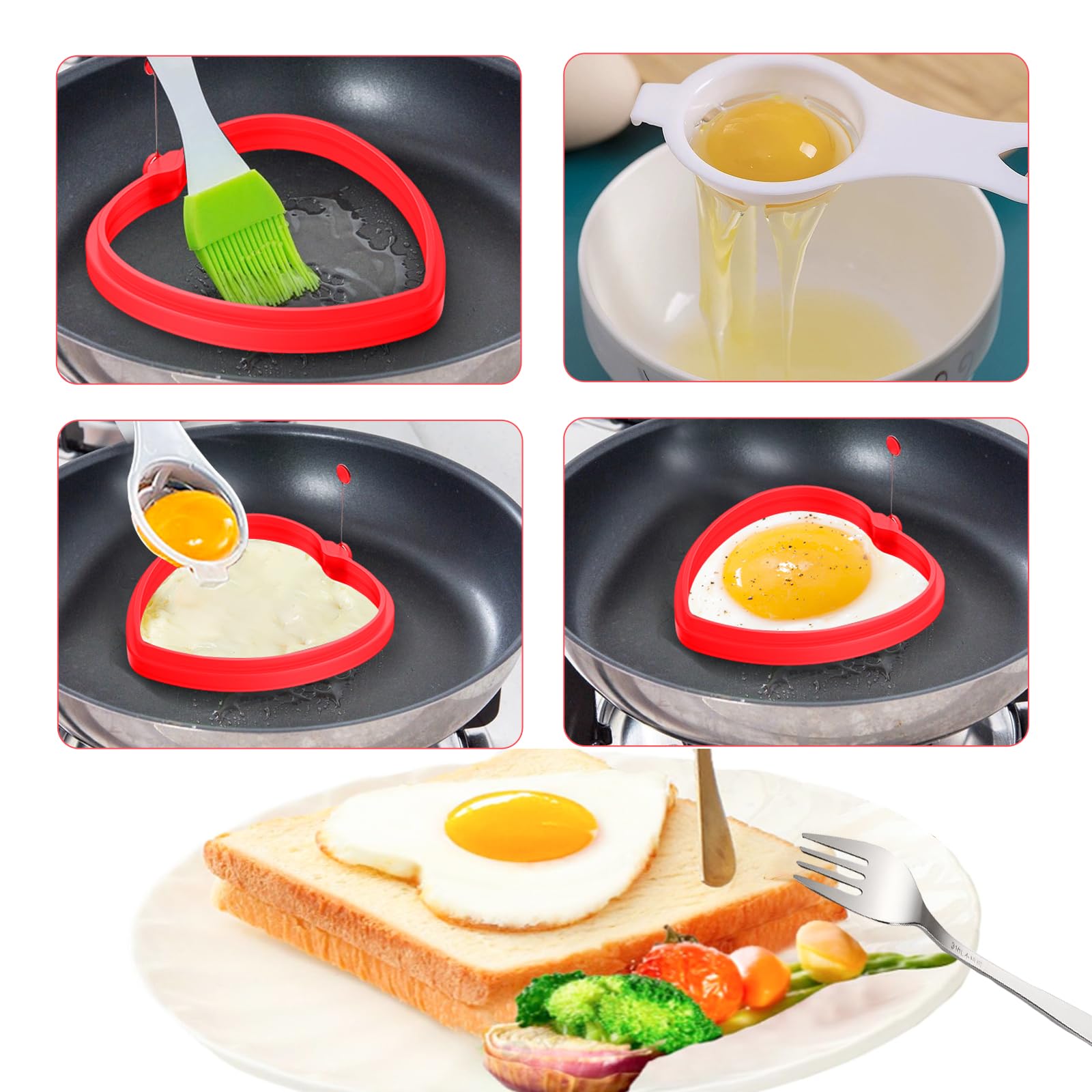 Egg Ring Heart Mold 2PCS Reusable Silicone Egg Pancake Ring Heart Mold With Brush & Scraper & Egg Separator Makes Perfect Shaped Pancakes and Eggs