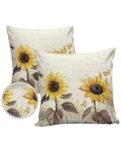 ewdewwo sunflower outdoor pillow covers pack of 2, retro sunflower floral butterfly waterproof pillow covers seasonal spring summer throw pillowcase for patio funiture garden tent, 16 x 16 inch