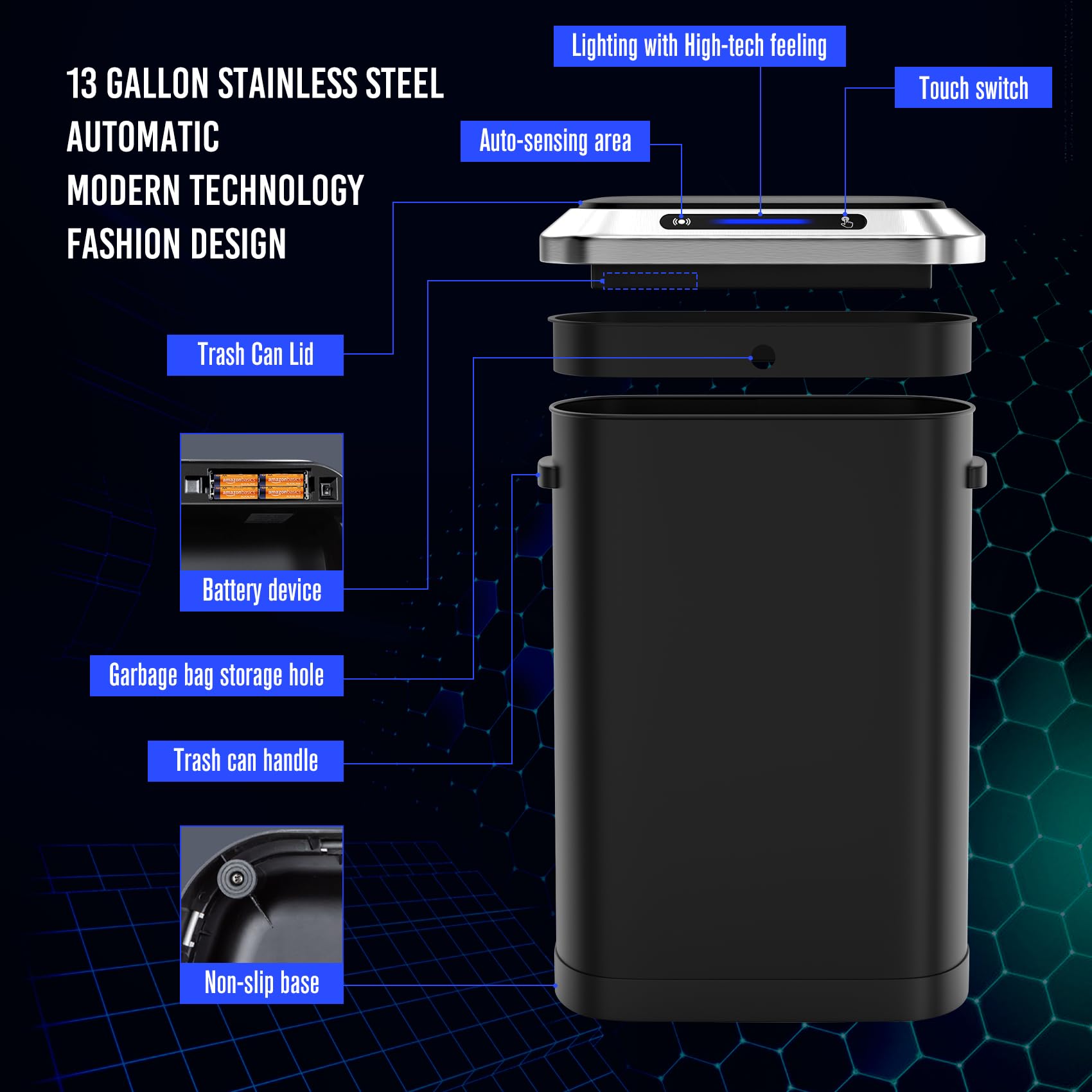 13 Gallon Automatic Trash Can with Lid, Touchless Smart Stainless Steel Thickened Garbage Can with 30 Count Garbage Bags Whisper-Quiet Sensor Lid Waste Bin for Kitchen, Living Room, Office - Black