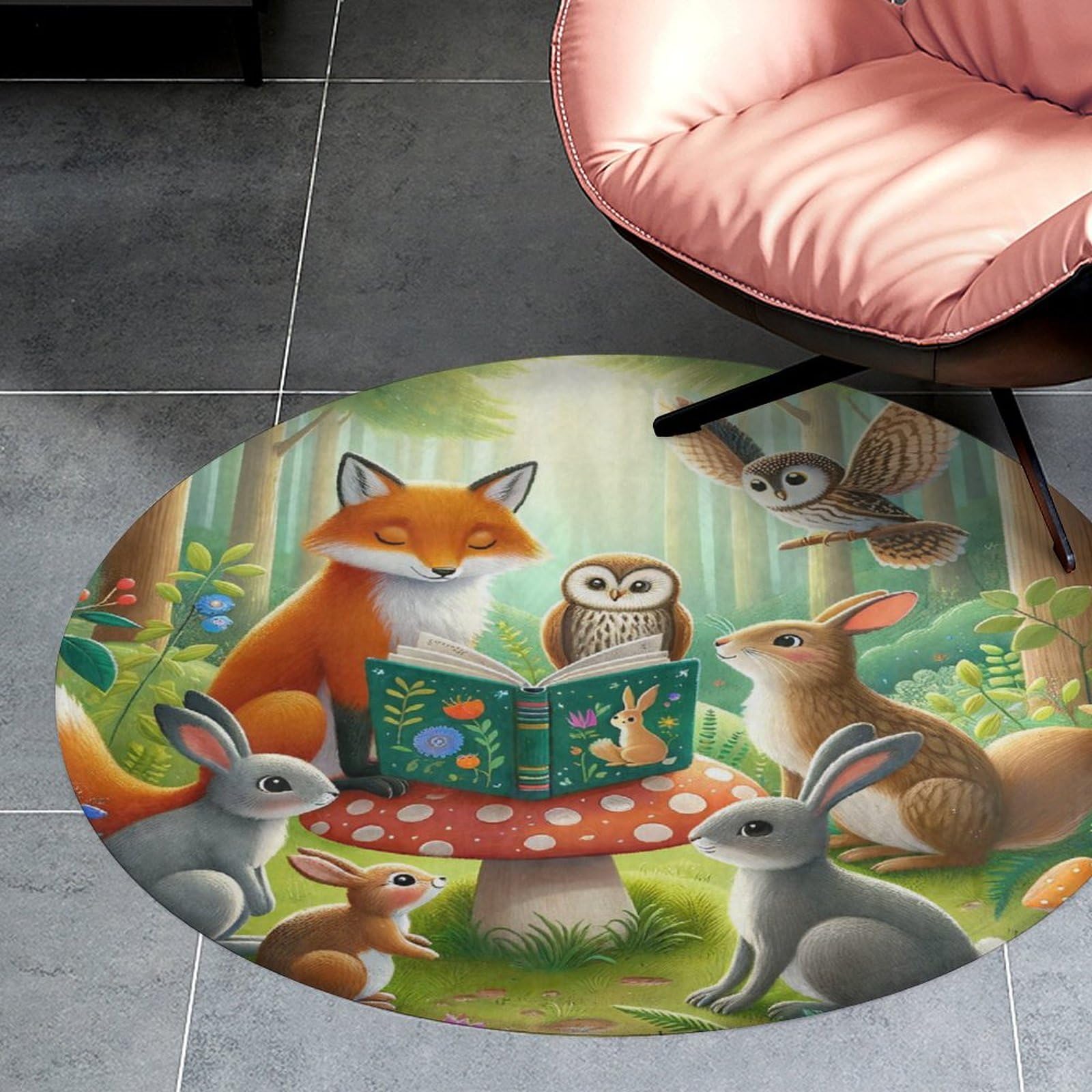 NAWFIVE Animals Reading Books Forest 3Ft Round Rug Non-Slip Cute Cartoon Soft Kids Floor Playing Mat for Bedroom Living Room,Round Carpet for Nursery Dorm