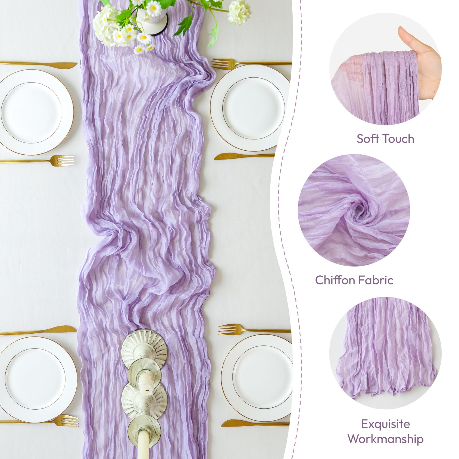 Sioloc 1 Pack Lavender Cheesecloth Table Runner,10ft Purple Table Runner,Boho Romantic Lilac Gauze Table Runner,Cheese Cloth Long Table Runner for Wedding Party ,Table Decorations