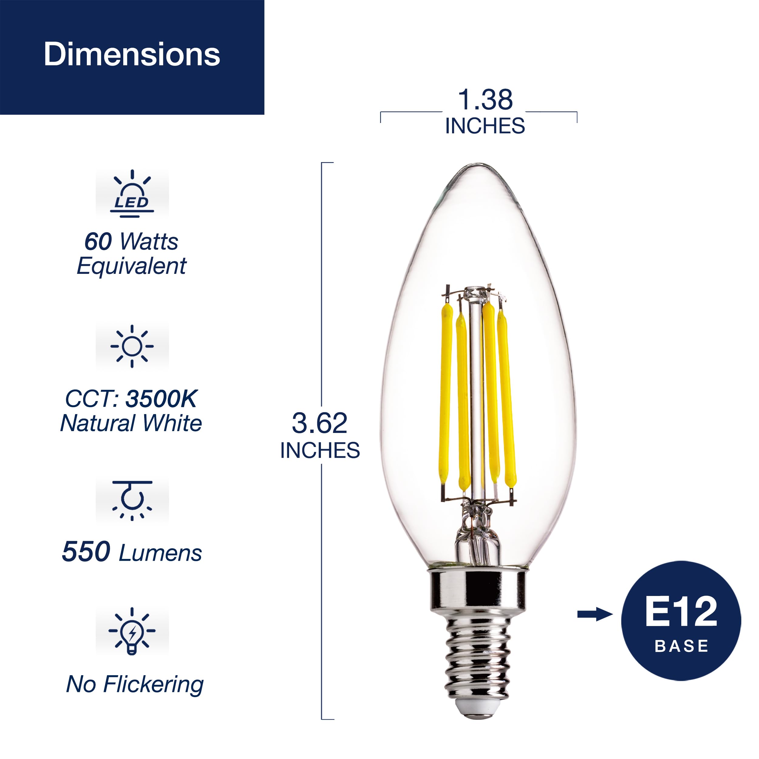 FLSNT 60W Equivalent LED Chandelier Light Bulbs, Dimmable LED B11 E12 Candelabra Base Bulbs, 3500K Natural White, 550LM, 6 Pack