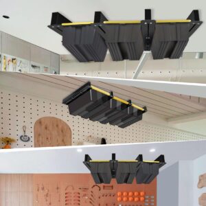 Garage Ceiling Storage Racks for Bins - Heavy Duty Overhead Garage Storage Rack, Adjustable Garage Tote Slide Storage System, Garage Ceiling Storage Bin Rack With 4 Hooks Black (4 Sets, For 3 Bins)