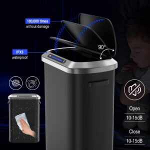 13 Gallon Automatic Trash Can with Lid, Touchless Smart Stainless Steel Thickened Garbage Can with 30 Count Garbage Bags Whisper-Quiet Sensor Lid Waste Bin for Kitchen, Living Room, Office - Black