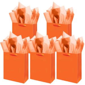 gcardist bright orange gift bags with tissue paper for wedding, birthday, party supplies-7.9"x4.3"x9.6" medium size cardboard gift bags（5pcs bags +10pcs tissue paper ）