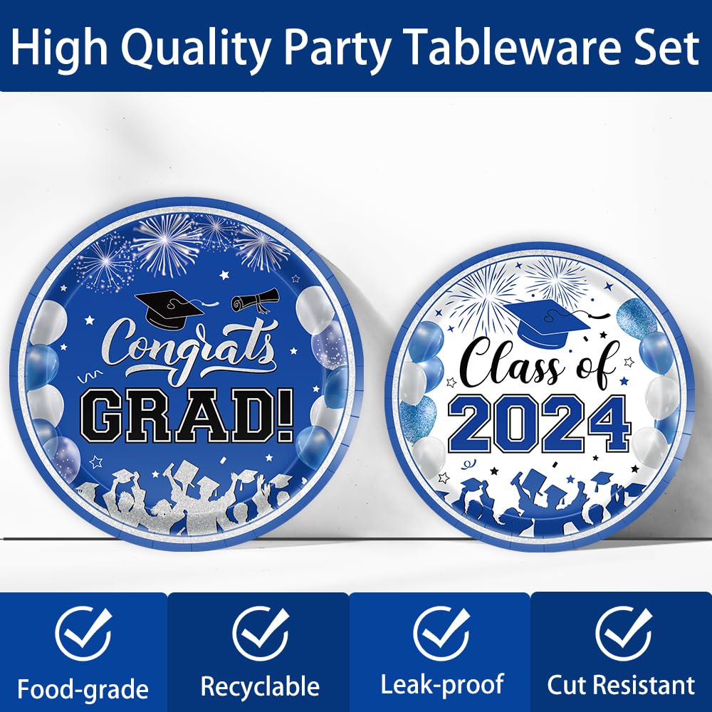 Graduation Plates and Napkins 2024 Graduation Decorations Class of 2024 Blue Silver Graduation Party Supplies Cups Tablecloth Banner Dineware for Congrats Grad Party Decorations Serve 25