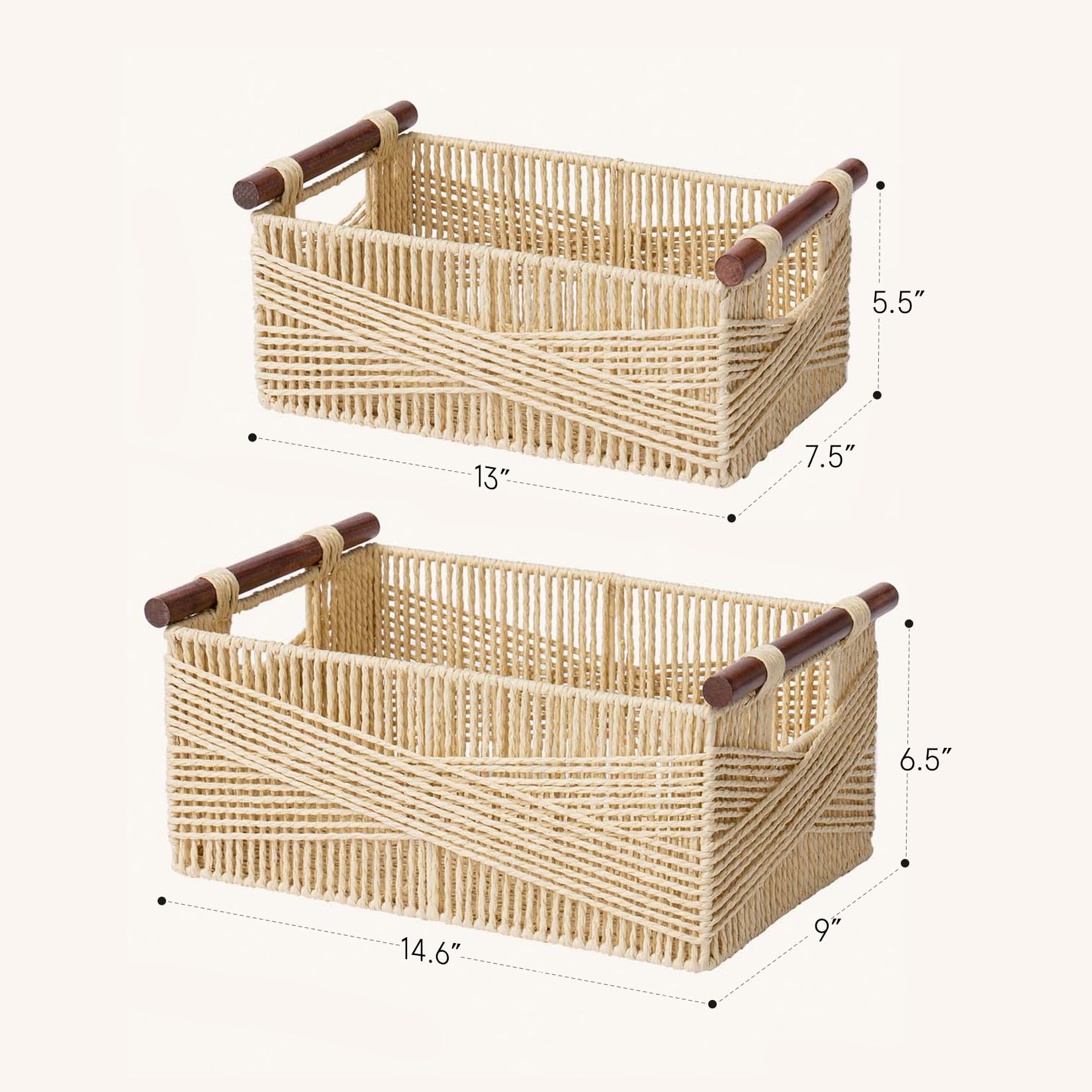 La Jolie Maison Beige Wicker Storage Baskets for Organizing, Recyclable Paper Rope Rectangular Baskets with Wood Handles, Decorative Hand Woven Basket Bins for Shelves, Set of 2