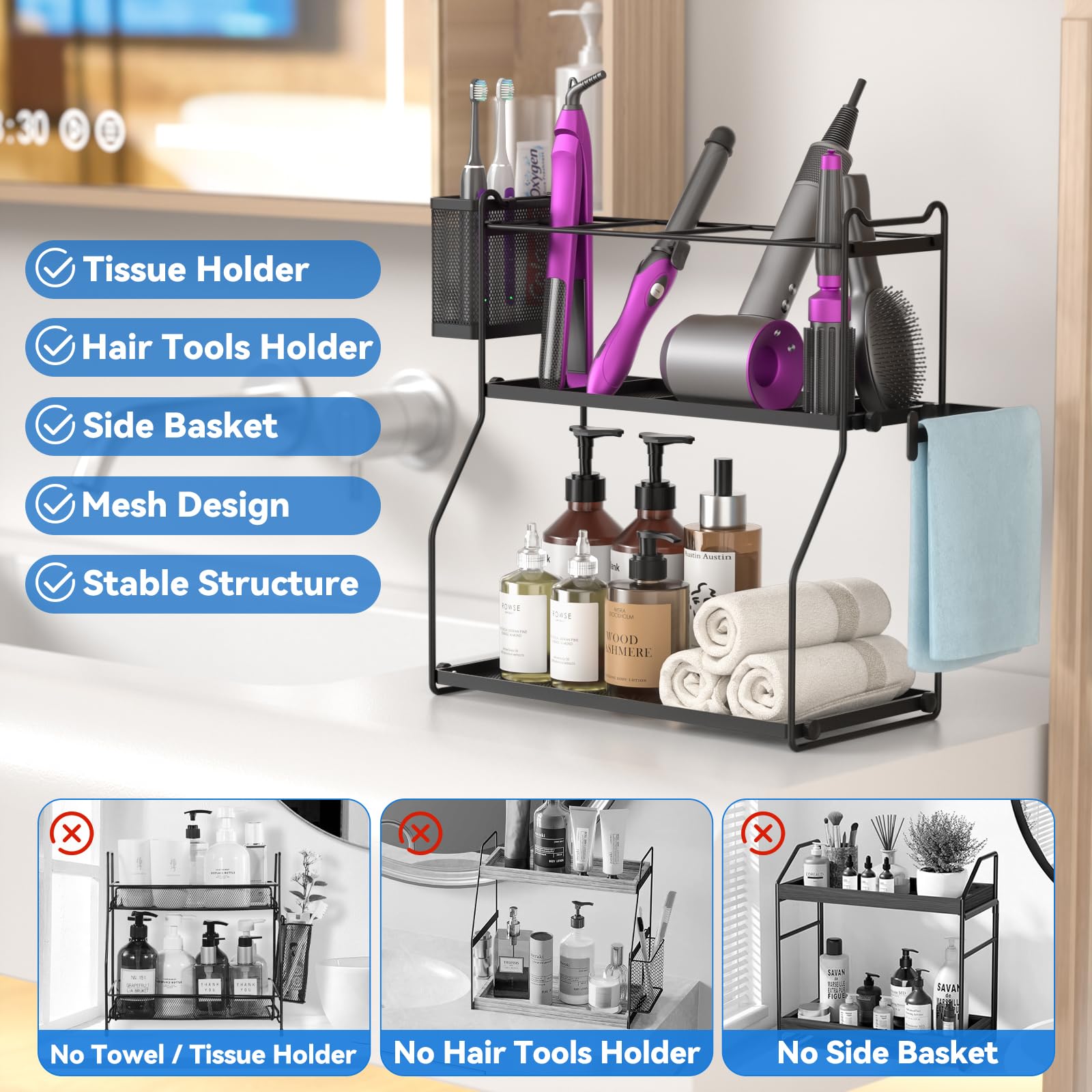 CLESOO 2-in-1 Bathroom Countertop Organizer - Multifunctional Countertop Shelf with Basket and Toilet Paper Holder - Bathroom and Kitchen Organizer for Hair Dryer, Cosmetics and Toiletries