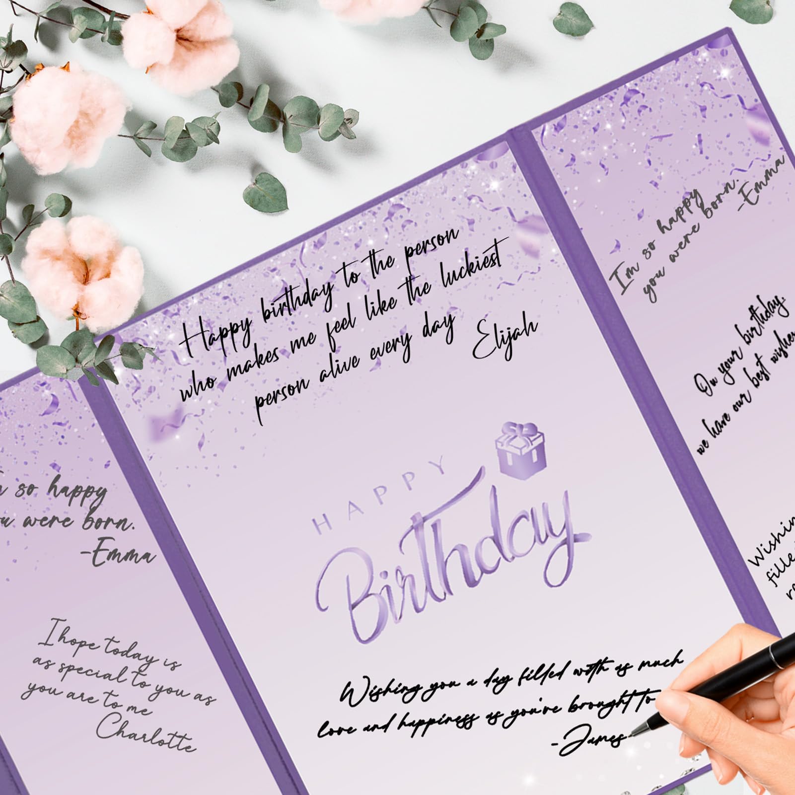 Crenics Purple Happy Birthday Decorations, Creative Birthday Guest Sign in Book Alternative, Birthday Signature Book 12" x 18", Great Birthday Gifts for Women or Girls