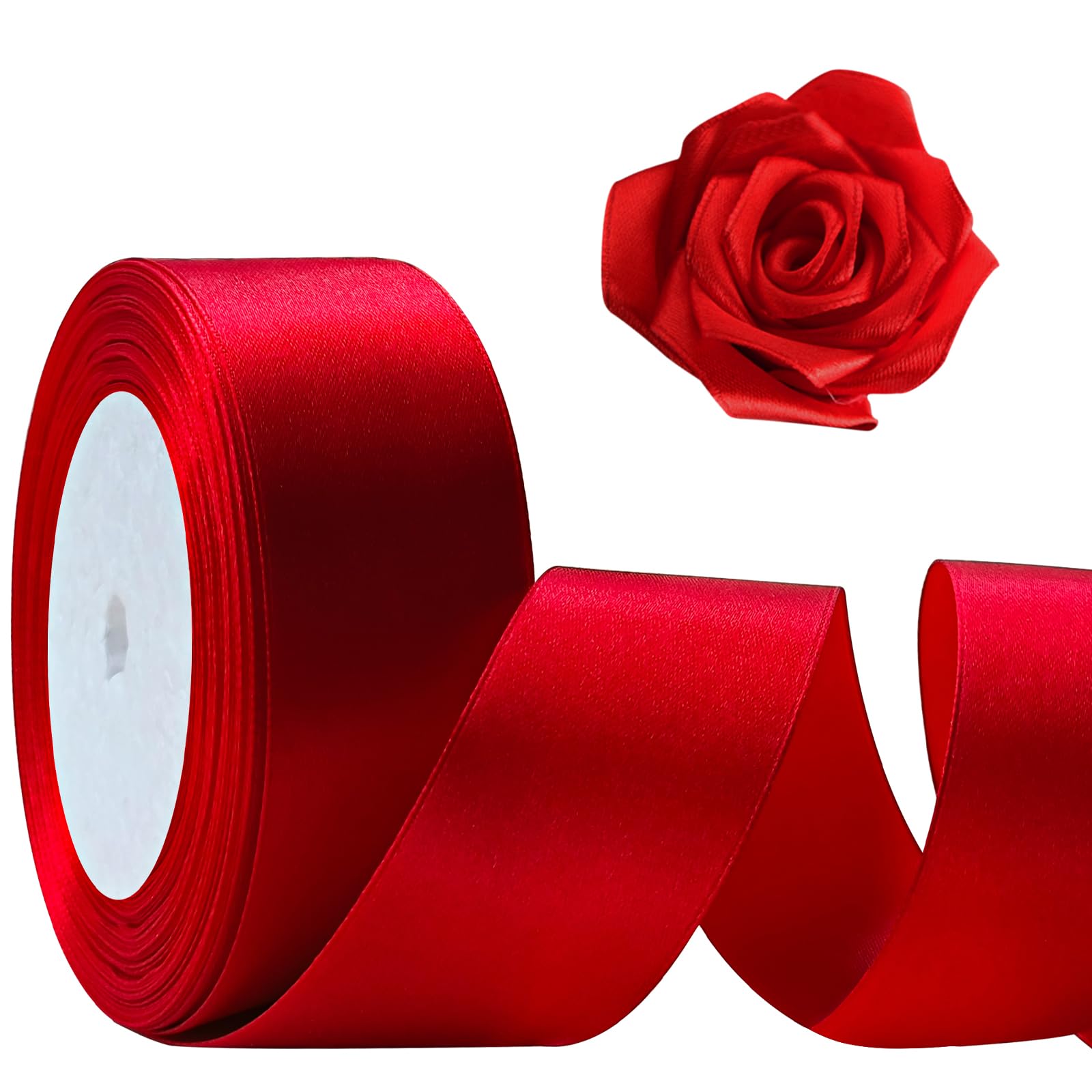 Flezoo Red Ribbon 1 1/2inch, 25 Yards Satin Craft Ribbon, Single Face Polyester Silk Hair Ribbon, Fabric Ribbon for Bouquets, String Ribbon for Gift Wrapping, Wedding, Bow Making and Decoration