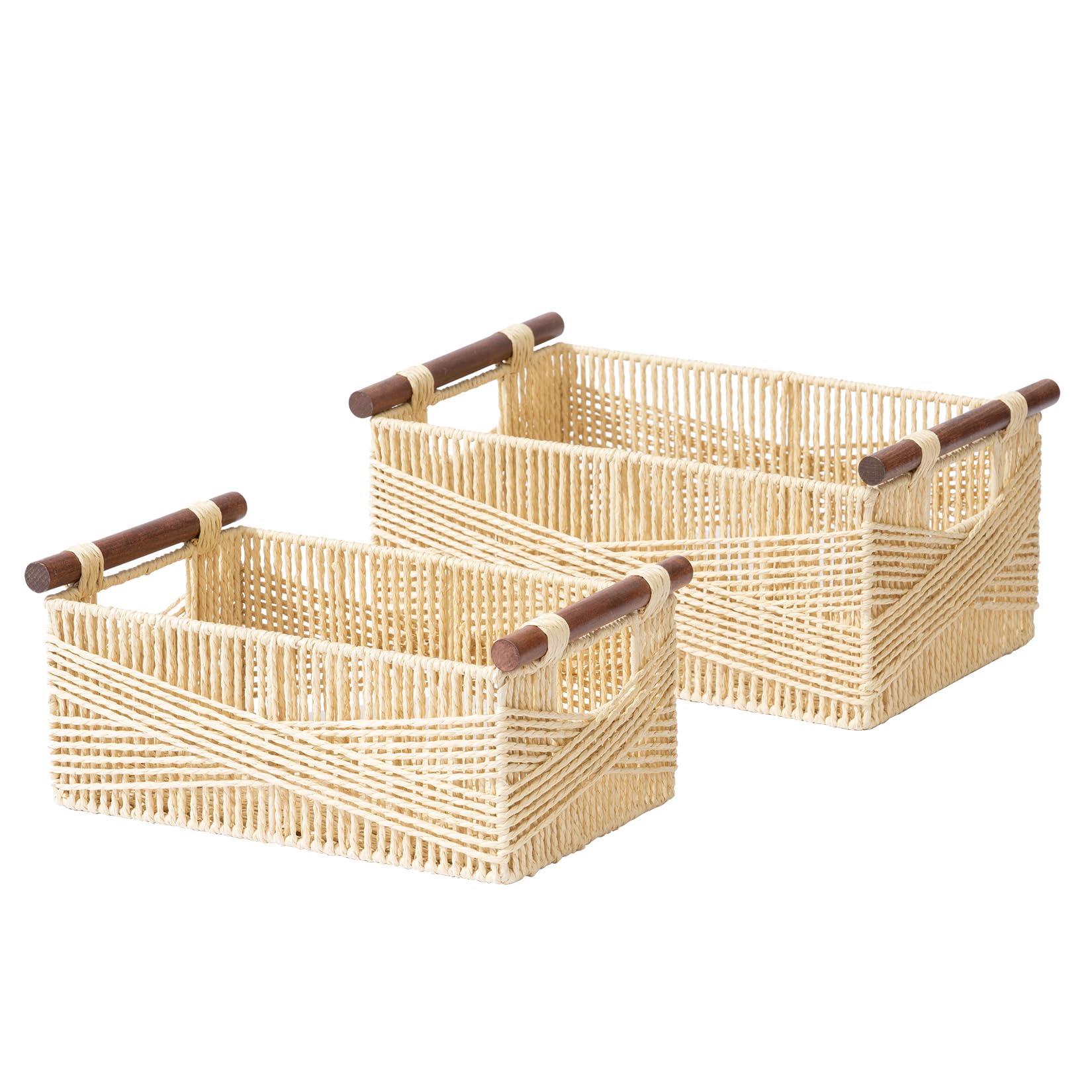 La Jolie Maison Beige Wicker Storage Baskets for Organizing, Recyclable Paper Rope Rectangular Baskets with Wood Handles, Decorative Hand Woven Basket Bins for Shelves, Set of 2