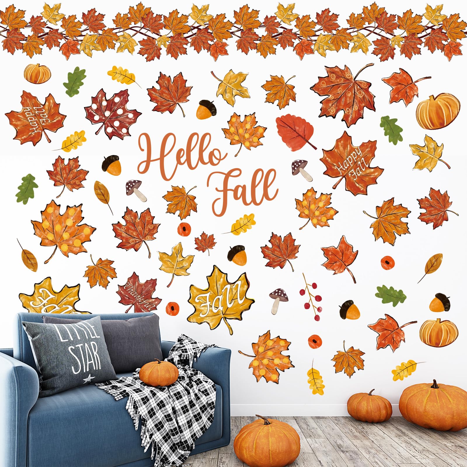 JarThenaAMCS 9 Sheet Thanksgiving Wall Stickers Fall Adhesive Oil Painting Maple Leaf Pumpkin Acorn Wall Decals Removable Mural Wall Decor for Home Classroom Autumn Supplies