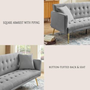 Anwick Modern Velvet Futon Sofa Bed: 72" Satin Convertible 2 Pillows Tufted Back Golden Metal Legs Folding Sleeper Loveseat for Small Space Home Office Living Room (Grey)