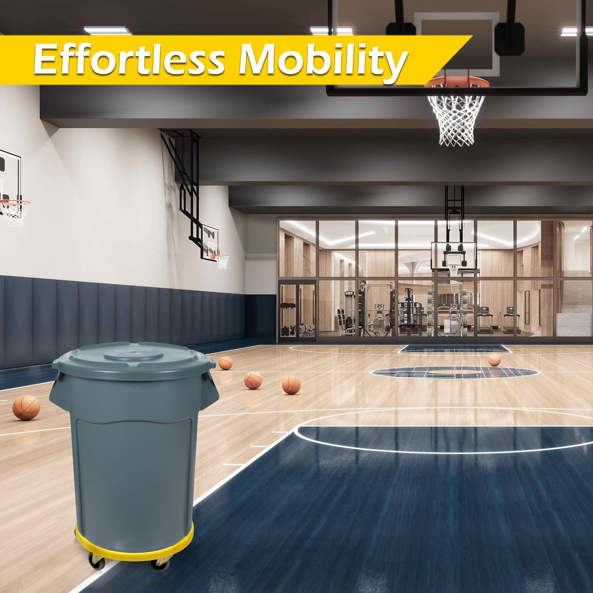 MaxWorks 50933 Round Trash Can High Visibility Yellow Dolly with 5 Swivel Casters 18 inch Dolly for 20 32 44 55 Gallon Containers Twist ON & Off