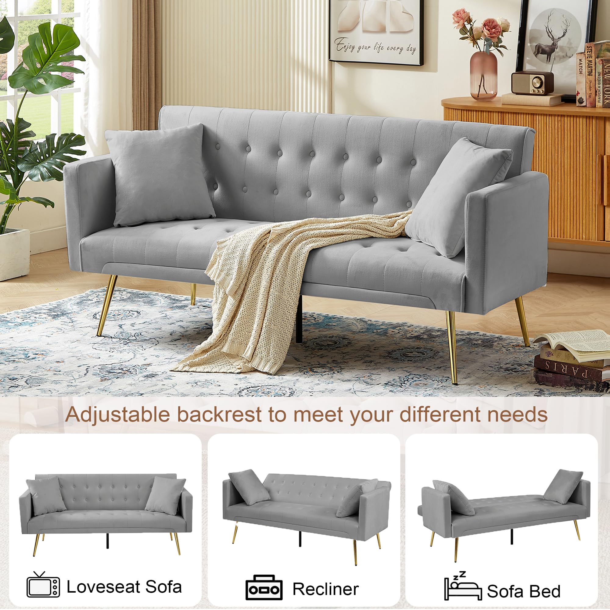 Anwick Modern Velvet Futon Sofa Bed: 72" Satin Convertible 2 Pillows Tufted Back Golden Metal Legs Folding Sleeper Loveseat for Small Space Home Office Living Room (Grey)