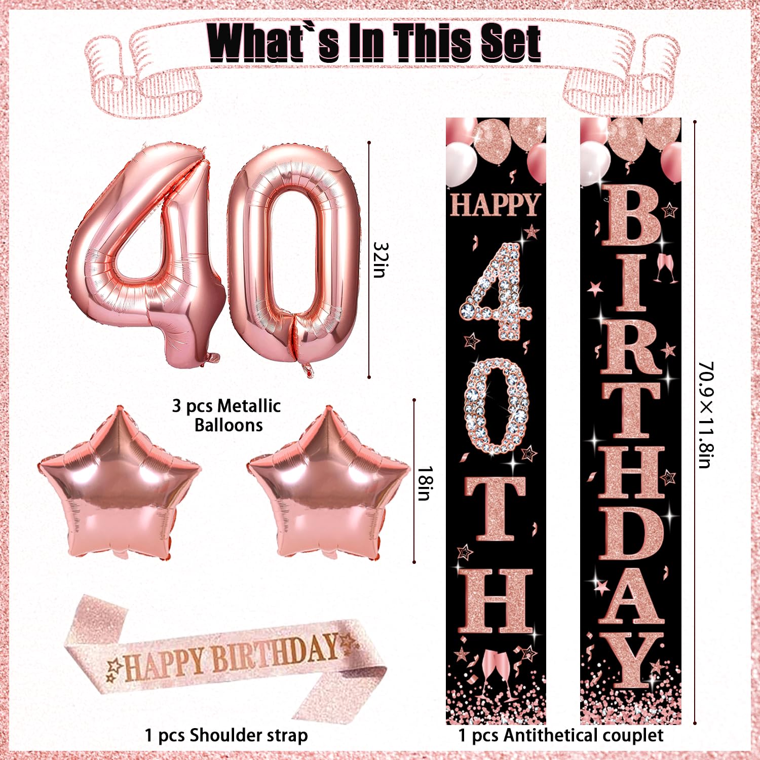 Cocomigo 40th Birthday Decorations Woman, 1984 40th Birthday Banner, Rose Gold 40th Birthday Decorations 40th Birthday Sash 40th Birthday Balloons Hanging Swirls 40th birthday decorations