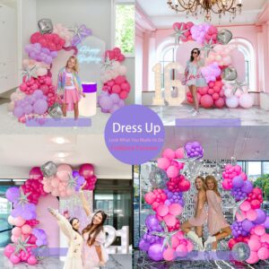 Pink and purple balloon arch Kit with Mylar star Disco Ball Balloon Garland for music fans theme teenage girl Birthday Party Prom Decorations (Pink purple silver)