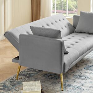 Anwick Modern Velvet Futon Sofa Bed: 72" Satin Convertible 2 Pillows Tufted Back Golden Metal Legs Folding Sleeper Loveseat for Small Space Home Office Living Room (Grey)