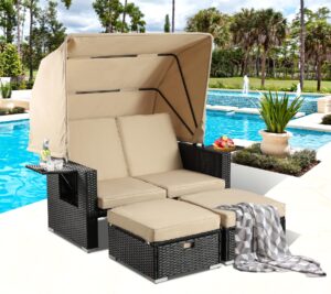 magic union patio sofas with retractable canopy, outdoor wicker furniture set poolside sunbed, patio seating chairs with ottomans, adjustable backrest for backyard (khaki)