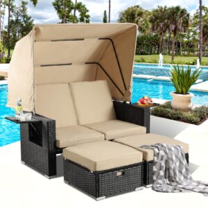 MAGIC UNION Patio Sofas with Retractable Canopy, Outdoor Wicker Furniture Set Poolside Sunbed, Patio Seating Chairs with Ottomans, Adjustable Backrest for Backyard (Khaki)