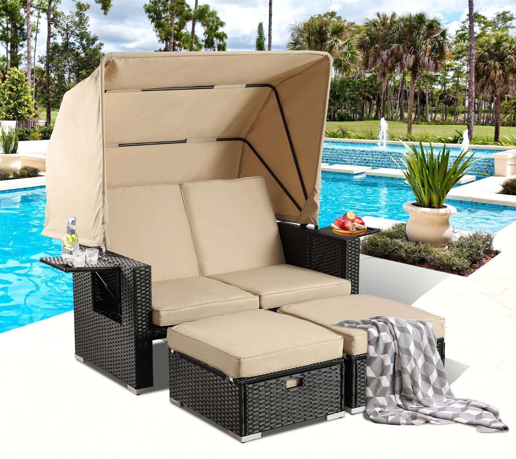 MAGIC UNION Patio Sofas with Retractable Canopy, Outdoor Wicker Furniture Set Poolside Sunbed, Patio Seating Chairs with Ottomans, Adjustable Backrest for Backyard (Khaki)