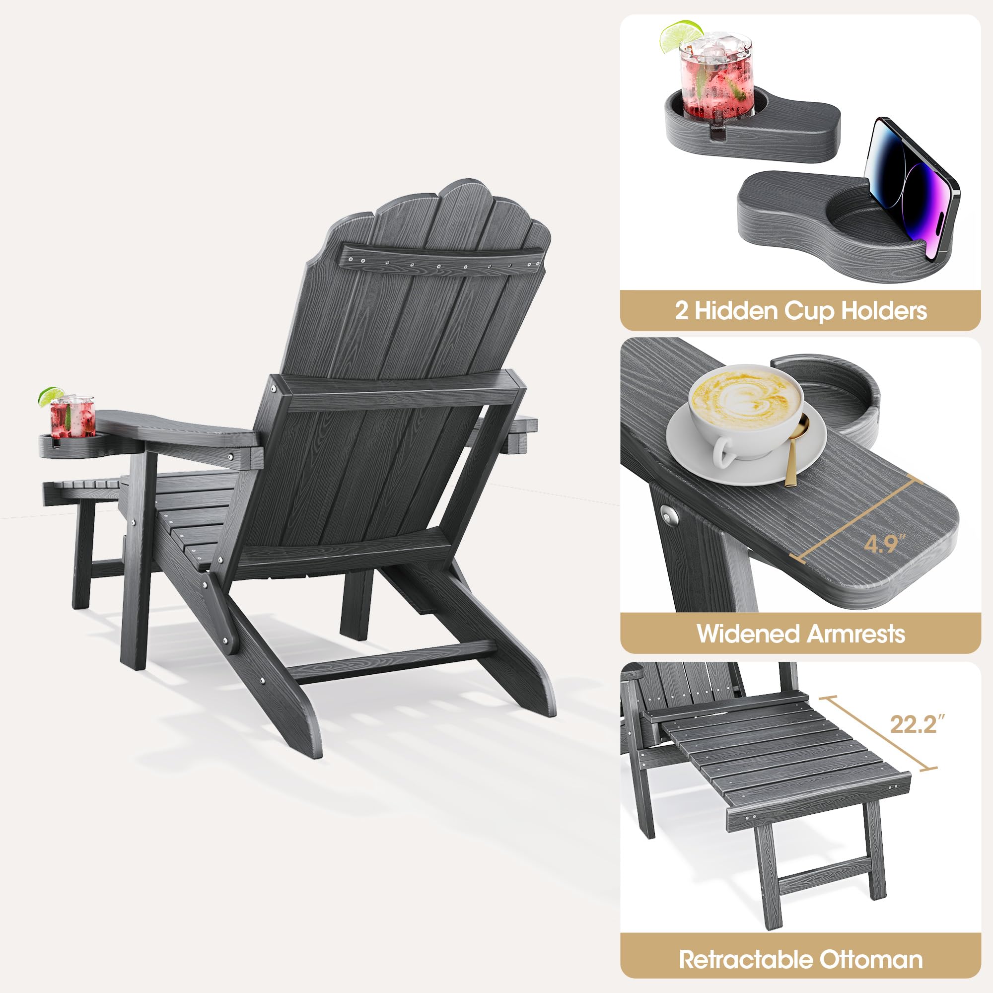 Qsun Adjustable Backrest Folding Adirondack Chair with Ottoman & 2 Cup Holders, HIPS Weather Resistant Adirondack Chair, Outdoor Fire Pit Chair for Beach, Pool, Deck, Porch, Yard, Lawn, Grey