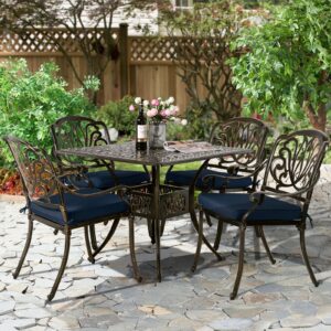 w warmhol 5-piece outdoor patio dining set, all-weather cast aluminum patio furniture set for backyard garden deck with 4 chairs, 4 cushions and 35.4” square table, 2.2" umbrella hole, navy