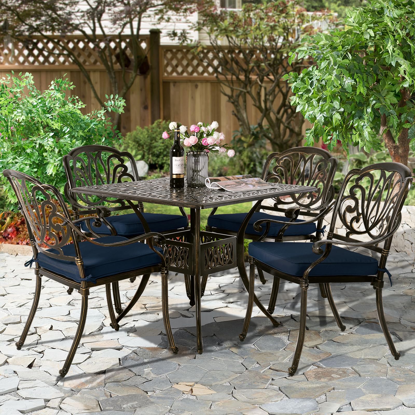 W WARMHOL 5-Piece Outdoor Patio Dining Set, All-Weather Cast Aluminum Patio Furniture Set for Backyard Garden Deck with 4 Chairs, 4 Cushions and 35.4” Square Table, 2.2" Umbrella Hole, Navy