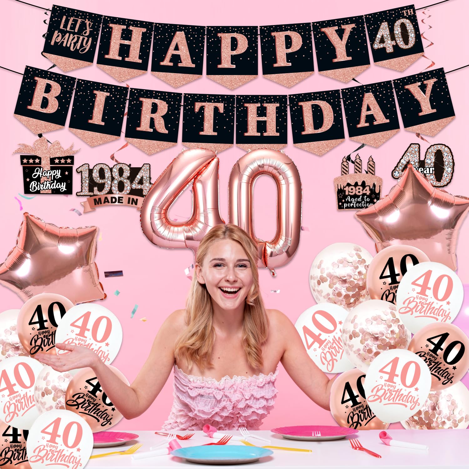 Cocomigo 40th Birthday Decorations Woman, 1984 40th Birthday Banner, Rose Gold 40th Birthday Decorations 40th Birthday Sash 40th Birthday Balloons Hanging Swirls 40th birthday decorations