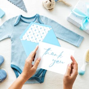 AZAZA Baby Shower Thank You Cards with Envelopes Footprint Liners, 30pcs Baby Boy Blue Thank You Cards 4x6, Thank You Note and Gold Stickers for Baby Gift Sets (Blue Envelopes & White Cards)