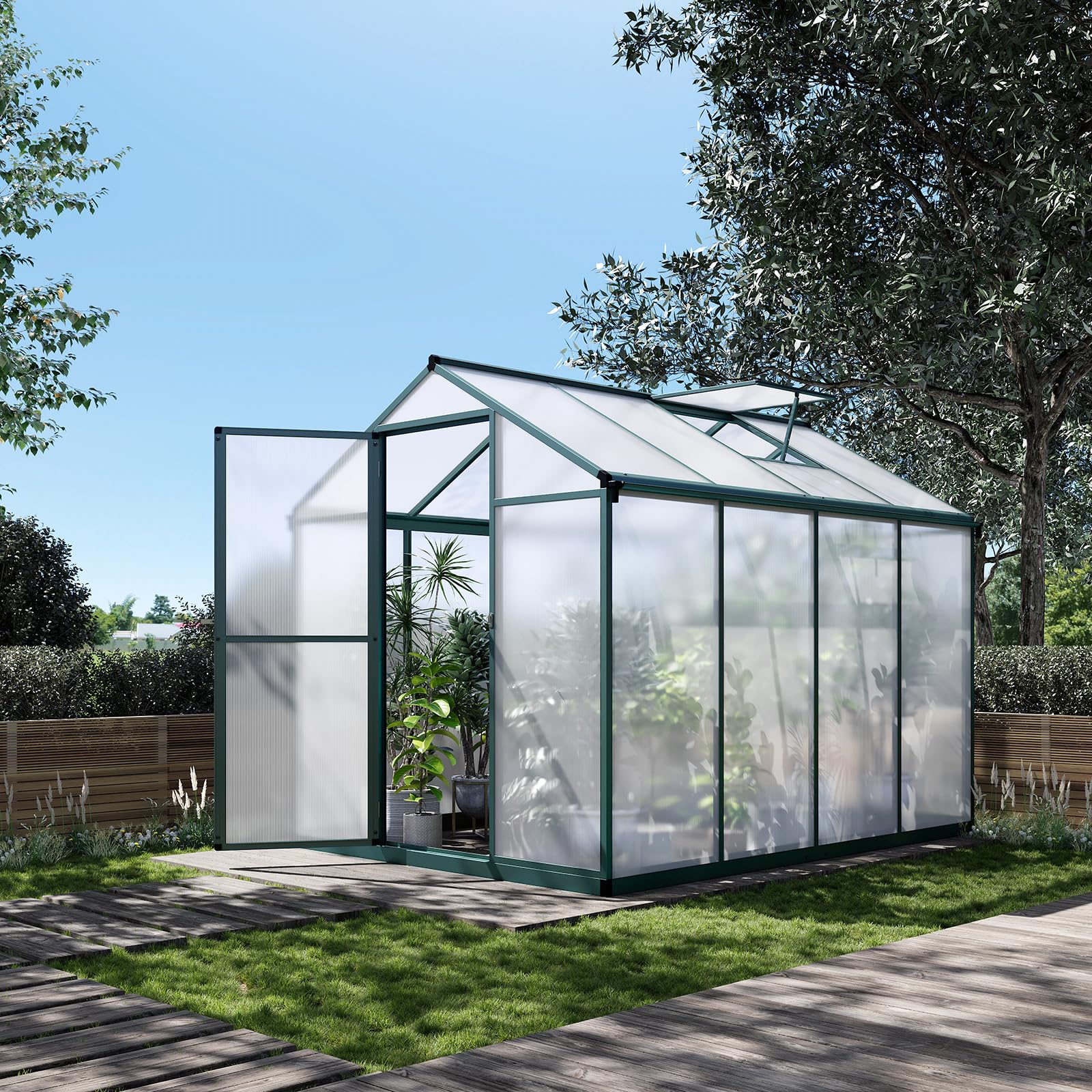 6x8 FT Greenhouse for Outdoors, Polycarbonate Greenhouse with Quick Setup Structure and Roof Vent, Aluminum Large Walk-in Greenhouse for Outside Garden Backyard, Green