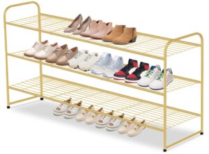 aooda long 3 tier metal shoe rack for closet wide stackable shoe storage organizer for entryway, bedroom, floor, 24-pairs men sneakers shoe shelf with wire grid, golden