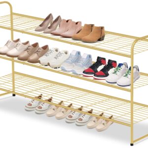 AOODA Long 3 Tier Metal Shoe Rack for Closet Wide Stackable Shoe Storage Organizer for Entryway, Bedroom, Floor, 24-Pairs Men Sneakers Shoe Shelf with Wire Grid, Golden