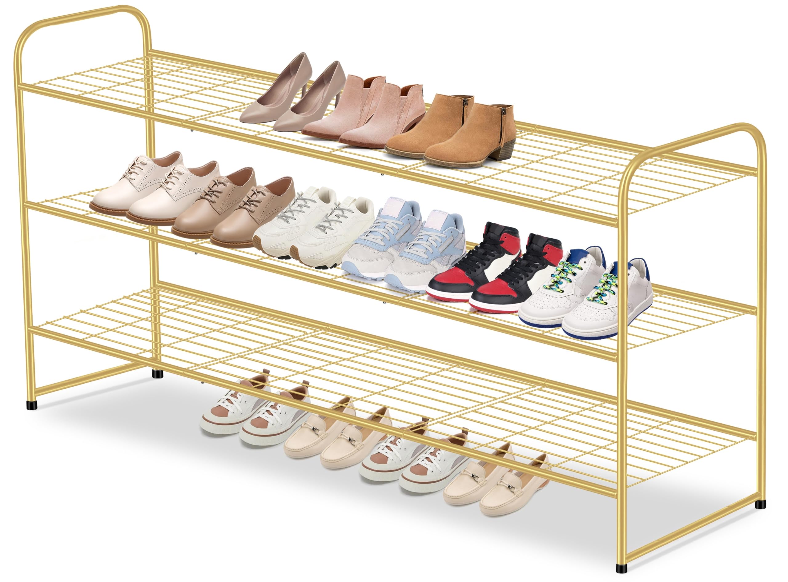 AOODA Long 3 Tier Metal Shoe Rack for Closet Wide Stackable Shoe Storage Organizer for Entryway, Bedroom, Floor, 24-Pairs Men Sneakers Shoe Shelf with Wire Grid, Golden