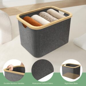 2 Pack Large Storage Basket for Organizing, Collapsible Fabric Storage Bins With Bamboo Handles, Closet Storage basket for Organizing Toy Books Towel and Clothes(Grey) 17.7 × 13.7 × 12inch