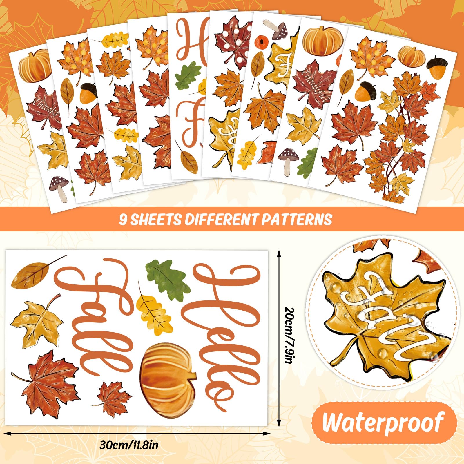 JarThenaAMCS 9 Sheet Thanksgiving Wall Stickers Fall Adhesive Oil Painting Maple Leaf Pumpkin Acorn Wall Decals Removable Mural Wall Decor for Home Classroom Autumn Supplies