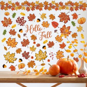 JarThenaAMCS 9 Sheet Thanksgiving Wall Stickers Fall Adhesive Oil Painting Maple Leaf Pumpkin Acorn Wall Decals Removable Mural Wall Decor for Home Classroom Autumn Supplies