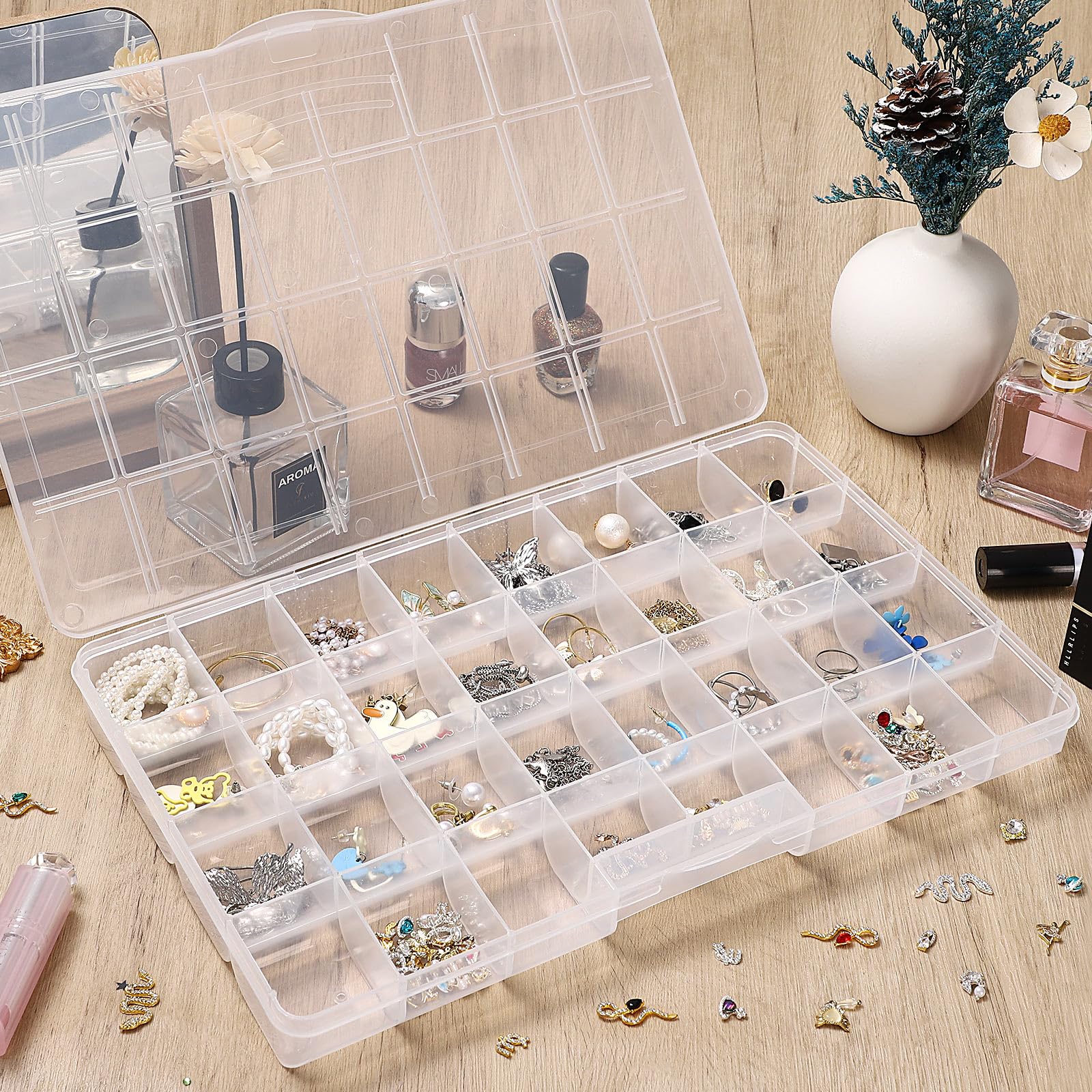 Udefineit 32 Grids Large Plastic Organizer Box with Fixed Dividers, Bead Storage Compartment Organizer Box for Jewelry/Nail/Screw/Small Parts, Clear Compartment Container Storage Case Tackle Box