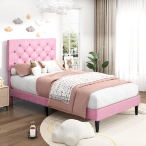 Twin Bed Frames with Button Tufted Headboard, Linen Upholstered Platform Bed with Wooden Slats Support, Princess Bed Frame for Girls, Easy Assembly, No Box Spring Required, Pink