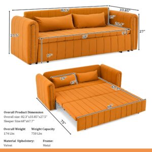 DEINPPA Sleeper Sofa Bed with Storage, Pull Out Sofa Bed with Nailhead Tirm Embellishment, Convertible Futon Bed for Living Room Bedroom Guestroom Lounge, Velvet Fabric-Orange