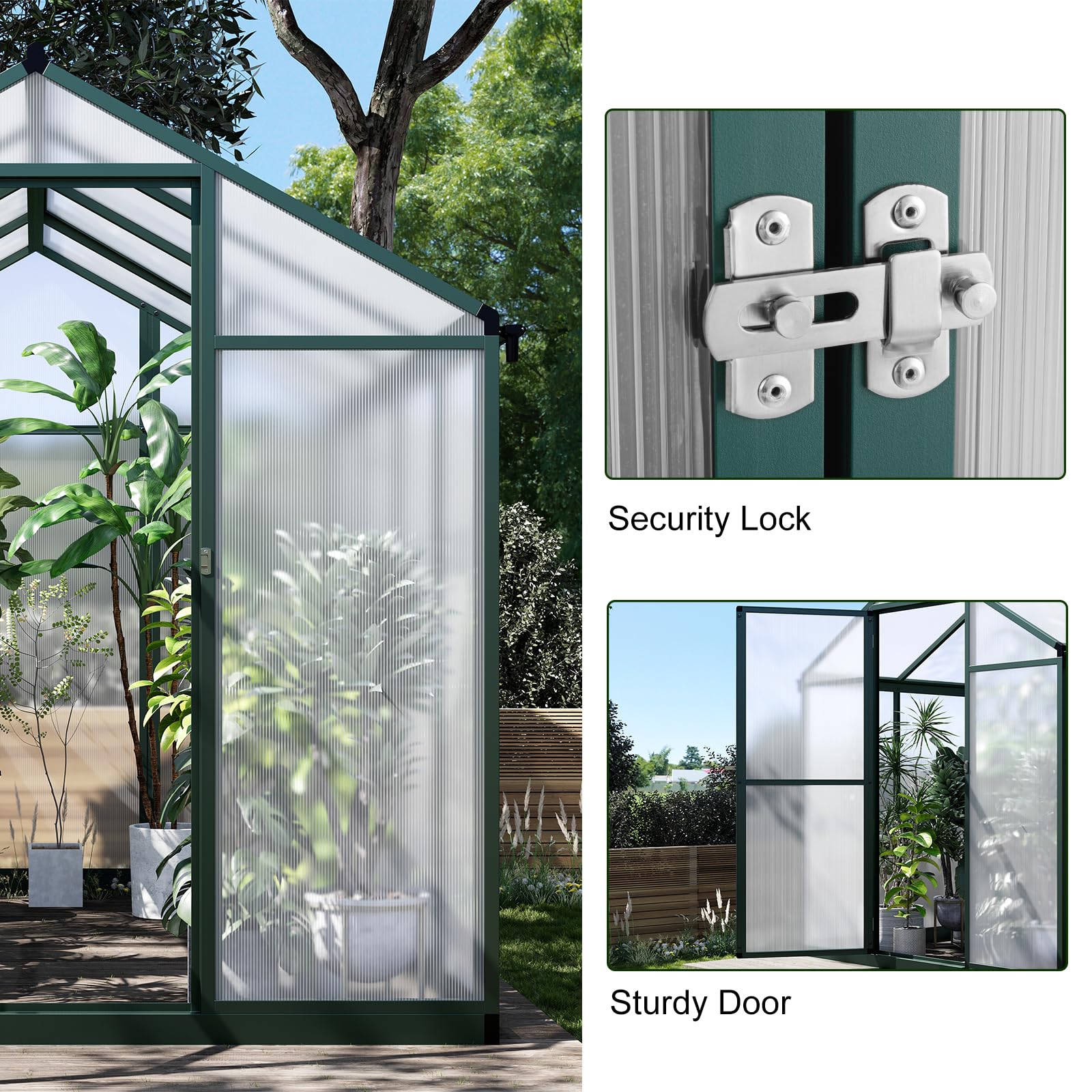 6x8 FT Greenhouse for Outdoors, Polycarbonate Greenhouse with Quick Setup Structure and Roof Vent, Aluminum Large Walk-in Greenhouse for Outside Garden Backyard, Green